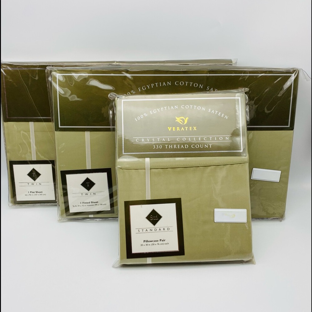 Veratex Crystal Collection Solid Green Twin Sheet Set 330 Thread Count RARE